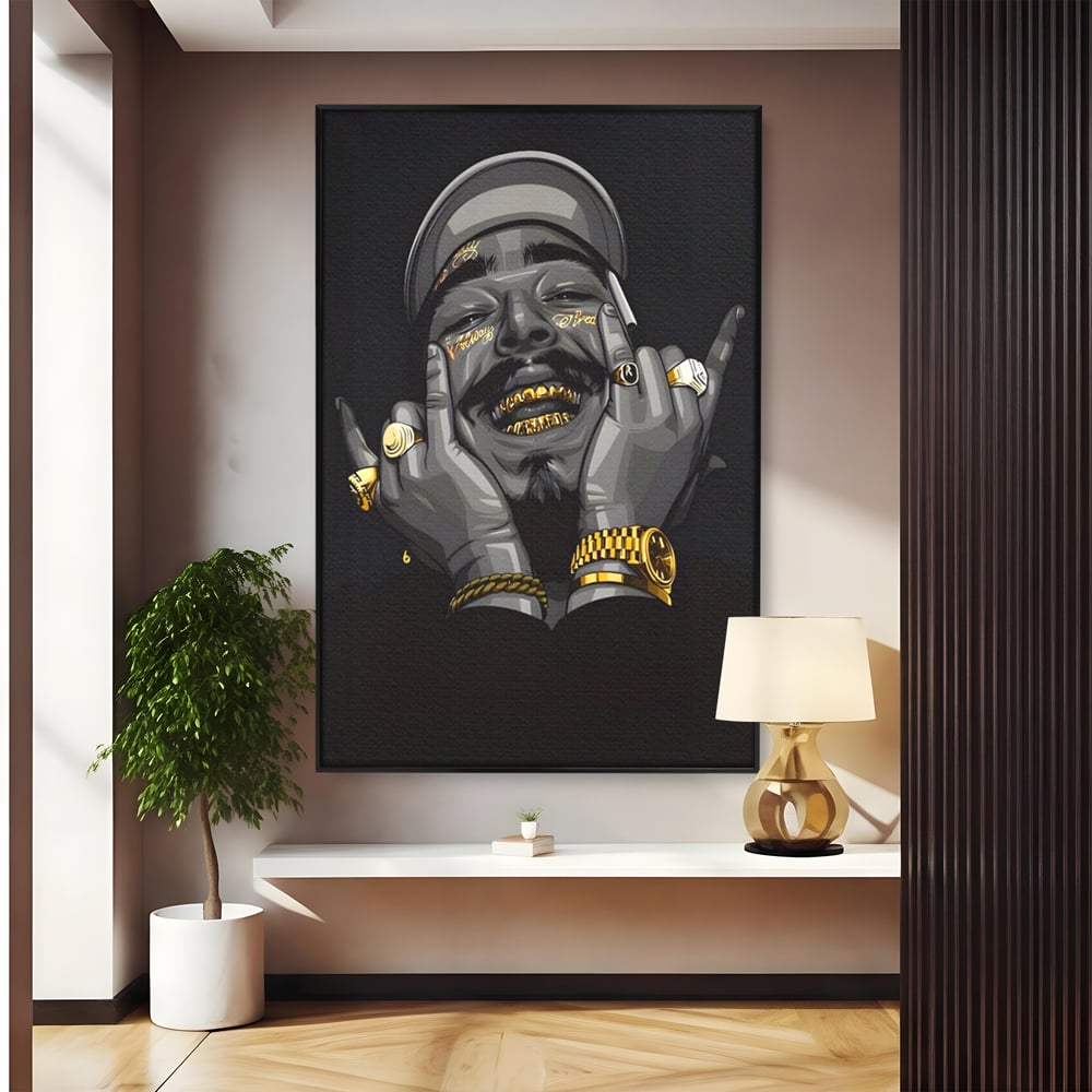 Tablou canvas cu tablou canvas cu portret post malone, in rama de aluminiu negru
